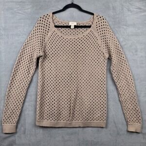 LOFT Beige Crochet Knit Sweater Top Long Sleeve Square Neck Women's Medium